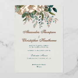 Invitación Con Relieve Metalizado Boda Acuarela Elegante Crema Turquesa Floral Rosa 