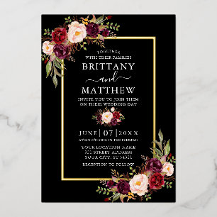 Invitación Con Relieve Metalizado Boda Acuarela Floral Borgoña Dorado Negro
