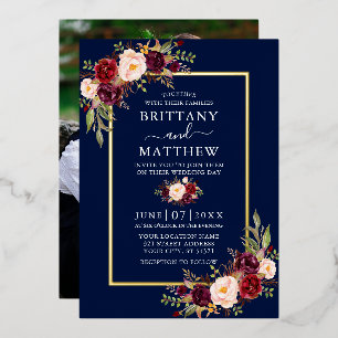 Invitación Con Relieve Metalizado Boda acuarela floral foto azul oro