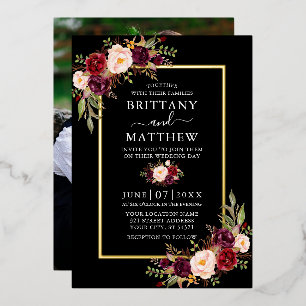Invitación Con Relieve Metalizado Boda Acuarela Floral Foto Negro Dorado
