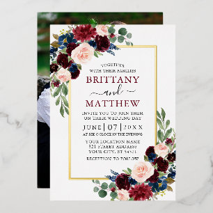 Invitación Con Relieve Metalizado Boda Acuarela Floral Mixto Foto Oro