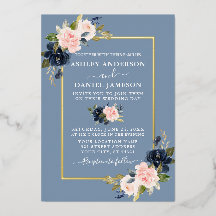 Boda Acuarela Floral Rosa Azul Polvo Dorado
