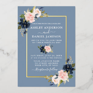 Invitación Con Relieve Metalizado Boda Acuarela Floral Rosa Azul Polvo Dorado