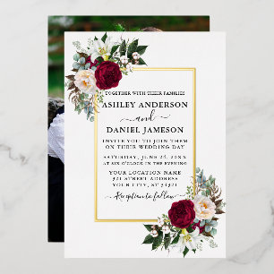 Invitación Con Relieve Metalizado Boda Acuarela Floral Verdor Foto Oro