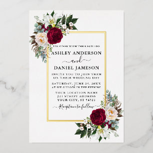 Invitación Con Relieve Metalizado Boda Acuarela Floral Verdor Oro