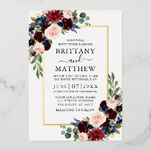 Invitación Con Relieve Metalizado Boda acuarela flores burgundy azul dorado