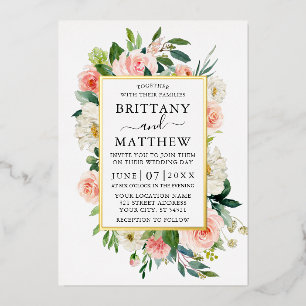 Invitación Con Relieve Metalizado Boda Acuarela Rosa Blanco Floral Oro