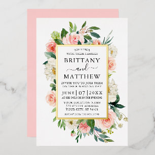 Invitación Con Relieve Metalizado Boda Acuarela Rosa Rubor Blanco Floral Dorado