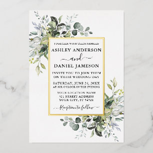 Invitación Con Relieve Metalizado Boda Acuarela Verde Elegante Dorado