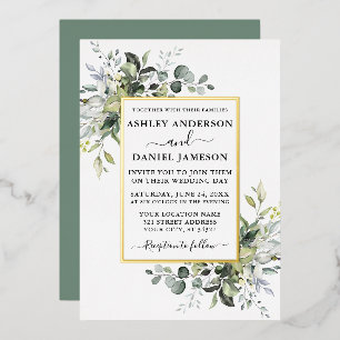 Invitación Con Relieve Metalizado Boda Acuarela Verde Sagrado Verde Oro