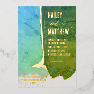 Invitación Con Relieve Metalizado Boda acuarela verde y azul aqua
