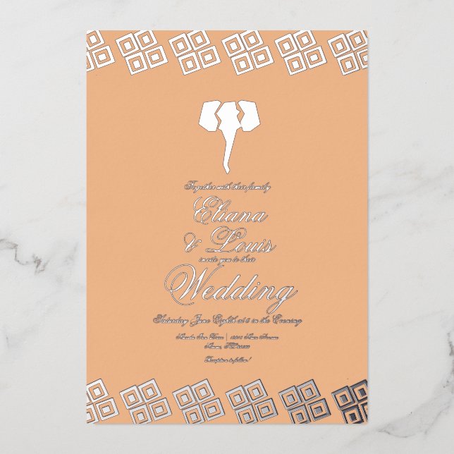 Invitación Con Relieve Metalizado Boda africana de elefantes de Ankara presionada (Anverso)