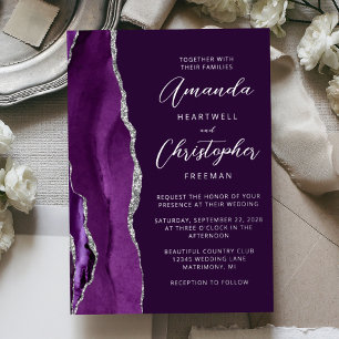 Invitación Con Relieve Metalizado Boda Agata Púrpura Plata Script Ciruela