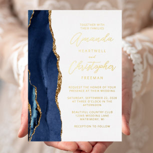Invitación Con Relieve Metalizado Boda Agate Azul Marino Oro Script