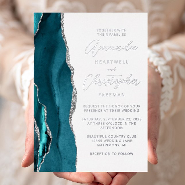 Invitación Con Relieve Metalizado Boda Agate Azul Teal Plata Script (Subido por el creador)