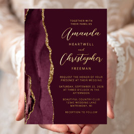 Invitación Con Relieve Metalizado Boda Agate Borgoña Oro Script