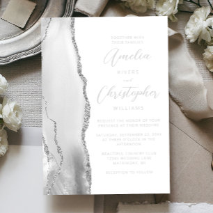 Invitación Con Relieve Metalizado Boda Agate Gris Plata Script
