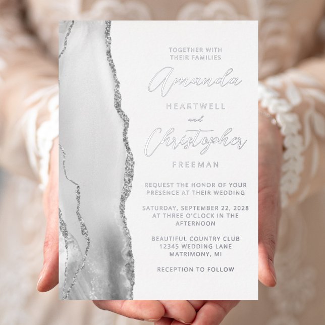 Invitación Con Relieve Metalizado Boda Agate Gris Plata Script (Subido por el creador)