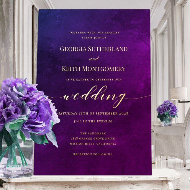 Invitación Con Relieve Metalizado Boda Ahumada Purple & Gold Elegant (Subido por el creador)