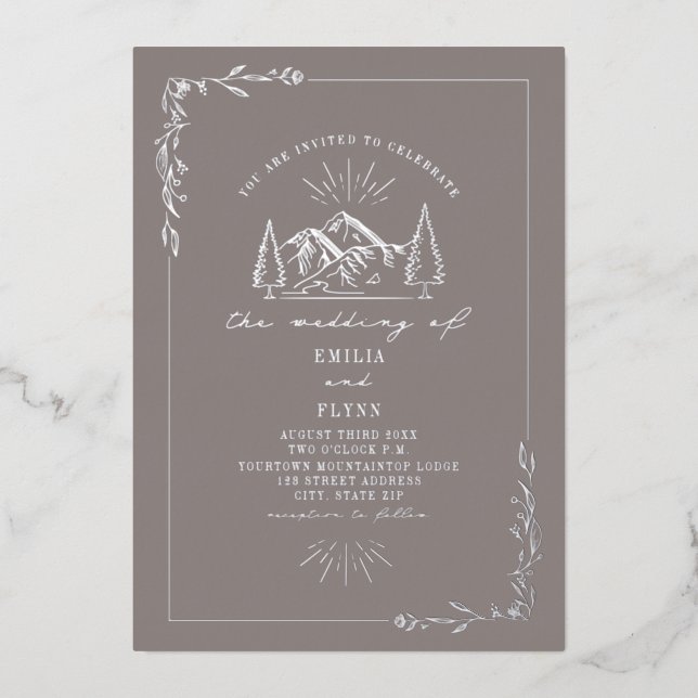 Invitación Con Relieve Metalizado Boda Amethyst Mountains (Anverso)