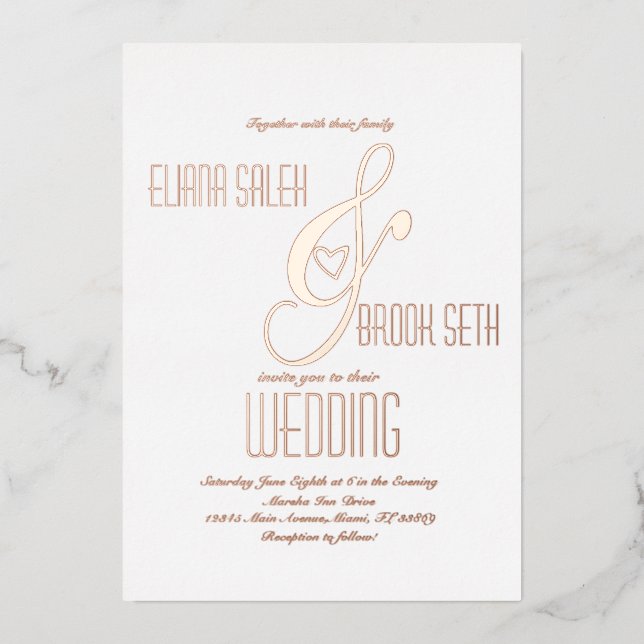 Invitación Con Relieve Metalizado Boda Ampersand Heart Gold Presionado (Anverso)