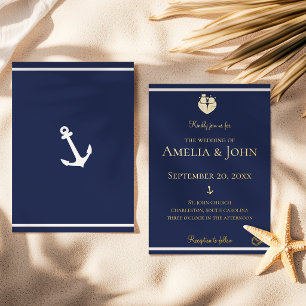 Invitación Con Relieve Metalizado Boda Ancla Blanca Azul Marítimo Naval Dorado