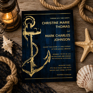Invitación Con Relieve Metalizado Boda Ancla Naval de Madera Marina