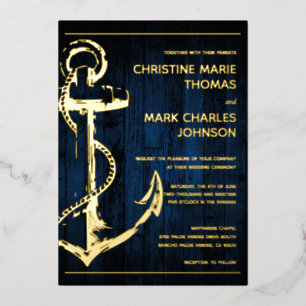 Invitación Con Relieve Metalizado Boda Ancla Naval de Madera Marina
