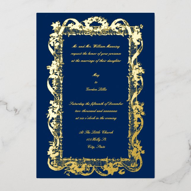 Invitación Con Relieve Metalizado Boda Antiguo 1778 Barroco Rococó Floral Guirnalda (Anverso)