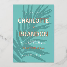 Invitación Con Relieve Metalizado Boda Aqua Tropical Palm Leaf