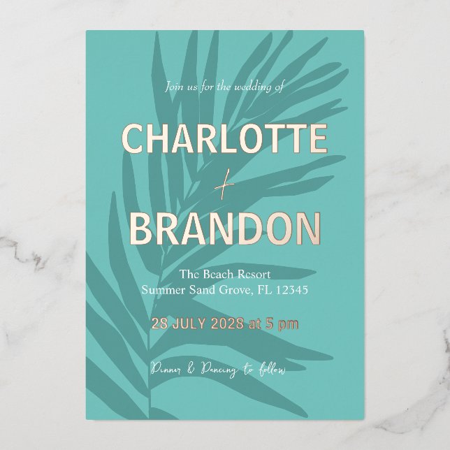Invitación Con Relieve Metalizado Boda Aqua Tropical Palm Leaf (Anverso)