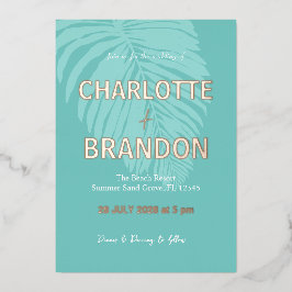 Invitación Con Relieve Metalizado Boda Aqua Tropical Palm Leaf
