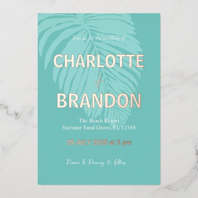 Invitación Con Relieve Metalizado Boda Aqua Tropical Palm Leaf (Anverso)