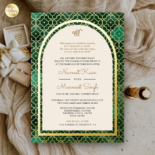 Invitación Con Relieve Metalizado Boda Árabe Esmeralda Patrón Sikh Arco Dorado