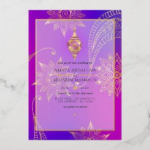 Invitación Con Relieve Metalizado Boda árabe morado y Relieve metalizado dorado