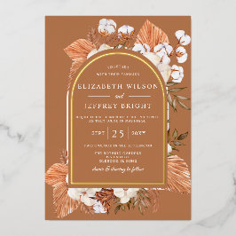 Invitación Con Relieve Metalizado Boda arcaico de Terracota Rústica Boho Pampas
