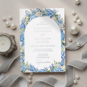 Invitación Con Relieve Metalizado Boda Arco Floral Hortensias Azules Rosas Blancas
