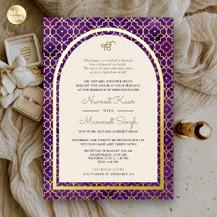 Invitación Con Relieve Metalizado Boda arco Sikh patrón marroquí púrpura dorado