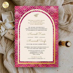 Invitación Con Relieve Metalizado Boda arco Sikh patrón marroquí rosa dorado