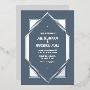 Invitación Con Relieve Metalizado Boda Art Déco Azul Pizarra y Plata Gatsby