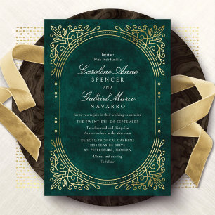 Invitación Con Relieve Metalizado Boda Art Déco con Oro Esmeralda