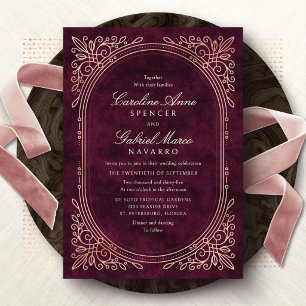 Invitación Con Relieve Metalizado Boda Art Déco con Vino de Borgoña