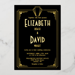 Invitación Con Relieve Metalizado Boda Art Déco de los años 20 en negro y oro