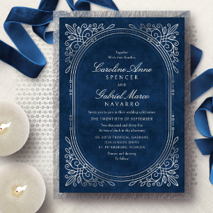 Invitación Con Relieve Metalizado Boda Art Déco de Plata de la Marina