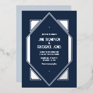 Invitación Con Relieve Metalizado Boda Art Déco de Tinta Azul Marino y Plata Gatsby