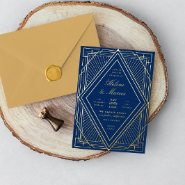 Invitación Con Relieve Metalizado Boda Art Deco Diamante Azul Marino y Dorado