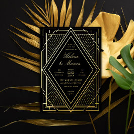 Invitación Con Relieve Metalizado Boda Art Déco Diamante Negro y Dorado