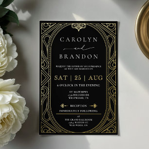 Invitación Con Relieve Metalizado Boda Art Déco elegante con lámina dorada y negra