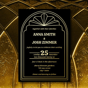 Invitación Con Relieve Metalizado Boda Art Deco Gatsby Black & Gold