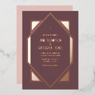 Invitación Con Relieve Metalizado Boda Art Déco Gatsby con ciruela malva y oro rosa